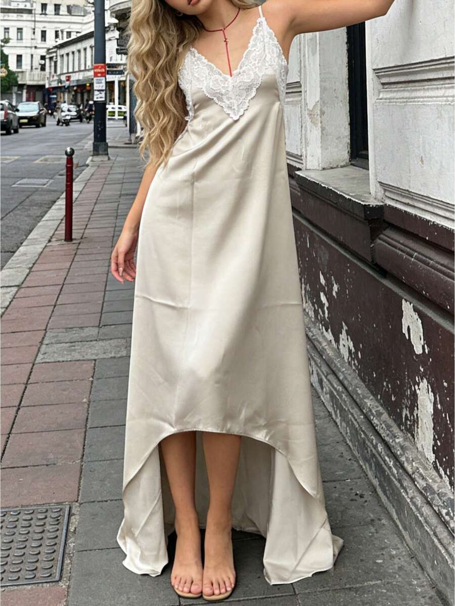 Women Summer Deep V-Neck Lace  - Slip Dress Satin ulasan dan harga